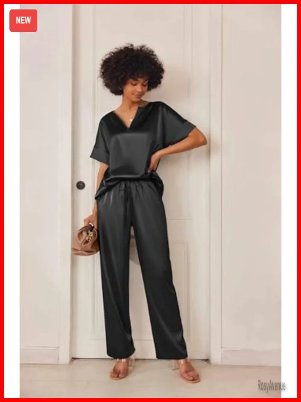 Women's Satin Pajama Set Short Sleeve V Neck Shirt with Long Pant Soft